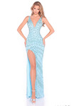 Amarra 89071 light blue fully beaded sheath dress with plunging neckline and high slit front view