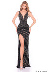 Amarra 89071 black gold beaded sheath gown with plunging V-neck open back and high slit front view