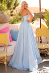 Amarra 89072 light blue satin A-line gown showing adjustable lace-up back closure, back view
