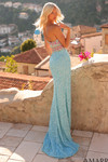 Amarra 89073 light blue multi sheath gown showing mid-open back with zipper closure, back view