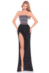 Amarra 89073 black multi sparkly sheath dress with multicolored gem bodice and black sequin skirt, front view