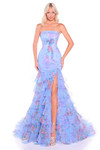 Amarra 89075 periwinkle multi floral print dress with front bow and thigh-high slit, front view