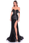 Amarra 89076 black fitted prom dress featuring sequin lace corset, satin skirt, and thigh-high slit, front view