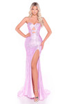 Amarra 89080 pink beaded jersey fitted prom dress with double keyhole bodice cut-outs and vertical beading, front view