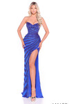 Amarra 89085 bright royal blue sequin gown with strapless sweetheart neckline and linear beading, front view