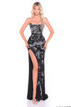 Studio image of Amarra 89087 black and silver beaded fitted prom dress, front view.