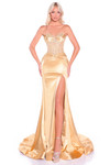 Amarra 89088 gold fitted prom dress featuring lace corset bodice and draped satin jersey skirt, front view