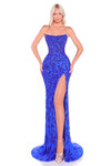 Bright royal sequin prom dress with strapless structured bodice and high slit.