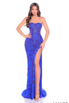 Amarra 89161 in bright royal displaying strapless sweetheart design, semi-sheer corset bodice, and dimensional beadwork with thigh-high slit