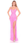Amarra 89167 in hot pink displaying sweetheart design, spaghetti straps, and dimensional sequin beadwork with thigh-high slit