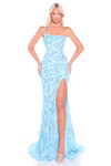 Light blue sequin fitted gown with one-shoulder strap and shimmering details.