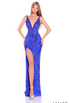 Bright royal beaded prom gown with sequin details and thigh-high slit.