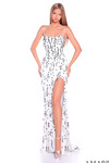 Ivory and black beaded sequin gown with fringe details and thigh-high slit.