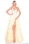 Amarra 89287 in light yellow showcasing halter neckline, sparkling beaded bodice, and flowing ruffle tiered A-line skirt