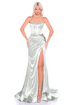 Sage satin jersey version of the strapless corset prom dress with structured bodice and high slit.