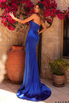 Back view of royal blue satin jersey gown showing mid-open zipper back and long sheath skirt.