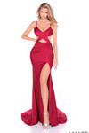 Wine fitted jersey prom dress with sweetheart neckline, open side cut-outs, double straps, and a high side slit.