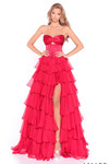 Red strapless A-line prom dress with structured corset bodice, keyhole detail, and cascading ruffle skirt.