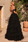 Back view of Amarra 89313 in black showcasing lace-up back closure and cascading chiffon ruffle tiers