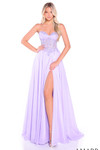 Lilac strapless A-line prom dress with embellished semi-sheer corset bodice and thigh-high slit.