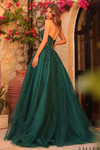Back view of Amarra 89317 in emerald displaying lace-up back closure and cascading lace appliques on full tulle skirt