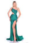Model wearing an emerald beaded fitted one-shoulder prom dress.