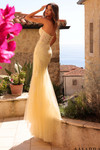 Back view of the light yellow lace gown showing lace-up back and flowing tulle hem.