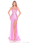 Amarra 89355 bright pink linear beaded gown featuring spaghetti straps and thigh-high slit