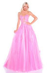 Model in a bright pink lace applique ball gown with sweetheart neckline and tulle skirt.