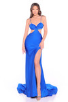 Amarra 89369 royal blue fitted jersey gown featuring twisted knot bodice and thigh-high slit