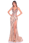 Model in a gold embellished fitted prom dress featuring a plunging neckline and high slit.