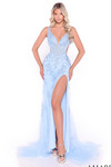 Amarra 89375 light blue lace prom dress with plunging neckline and romantic tulle train