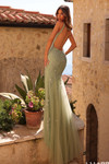 Back view of Amarra 89375 avocado showing open low back and ethereal tulle godets at hem