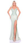 Model in a sage beaded fitted gown with plunging neckline and lace-up back.