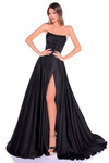 Amarra 89387 black A-line prom dress with embellished corset bodice and flowing satin skirt with thigh-high slit