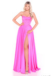 Amarra 89387 fuchsia strapless A-line gown featuring beaded corset bodice and dramatic satin skirt