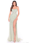 Amarra 89393 avocado green beaded sheath gown featuring corset bodice and thigh-high slit