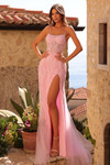 Amarra 89393 light pink beaded fitted prom dress with scoop neckline and flowing tulle train