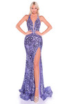 Model in a purple leopard print fitted gown featuring a plunging halter top and dramatic front slit.