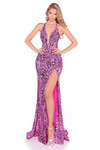 Model in a fuchsia leopard print satin jersey gown with a plunging halter neckline and high slit.