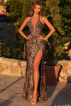 Model wearing a leopard print fitted satin jersey gown with a plunging halter neckline and thigh-high slit.