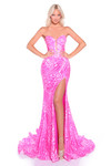 Bright fuchsia leopard-print prom dress with structured corset bodice and high slit.