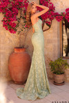 Back view of Amarra 89411 sage showing lace-up closure and elegant sweep train in intricate lace