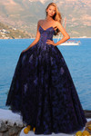 Amarra 89415 navy beaded lace A-line prom dress with strapless sweetheart neckline and full tulle skirt