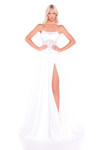 Ivory A-line prom dress featuring beaded corset bodice, strapless scoop neckline, and high slit.