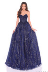 Navy glitter lace sweetheart A-line prom dress with corset bodice.