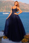 Amarra 89429 navy A-line prom dress with embellished lace bodice and glitter tulle skirt.