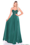 Emerald A-line prom dress with strapless sweetheart neckline, lace corset bodice, and satin skirt.