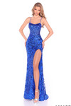 Royal blue floral sequin lace prom dress with fitted silhouette and lace-up back.