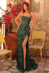 Amarra 89445 emerald sequin and beaded fitted prom dress with scoop neckline and thigh-high slit.